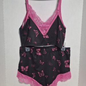 Women's Sexy Pink and Black Lace Cami Top and Shorts